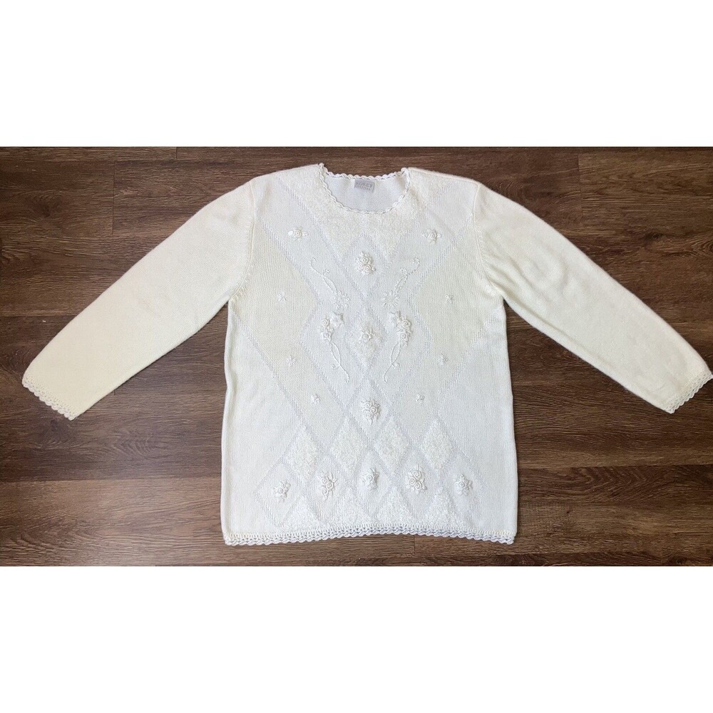 Vintage '80s Koret Embellished Oversized Sweater Ivory Floral Embroidery M/L